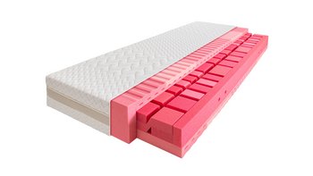 Schnittmodell-Ansicht der JOKA AirDream 300 Flexinet-Matratze mit rosafarbenem Schaumstoffkern, Würfelschnitt-Profilierung und weißem Steppbezug auf weißem Hintergrund.