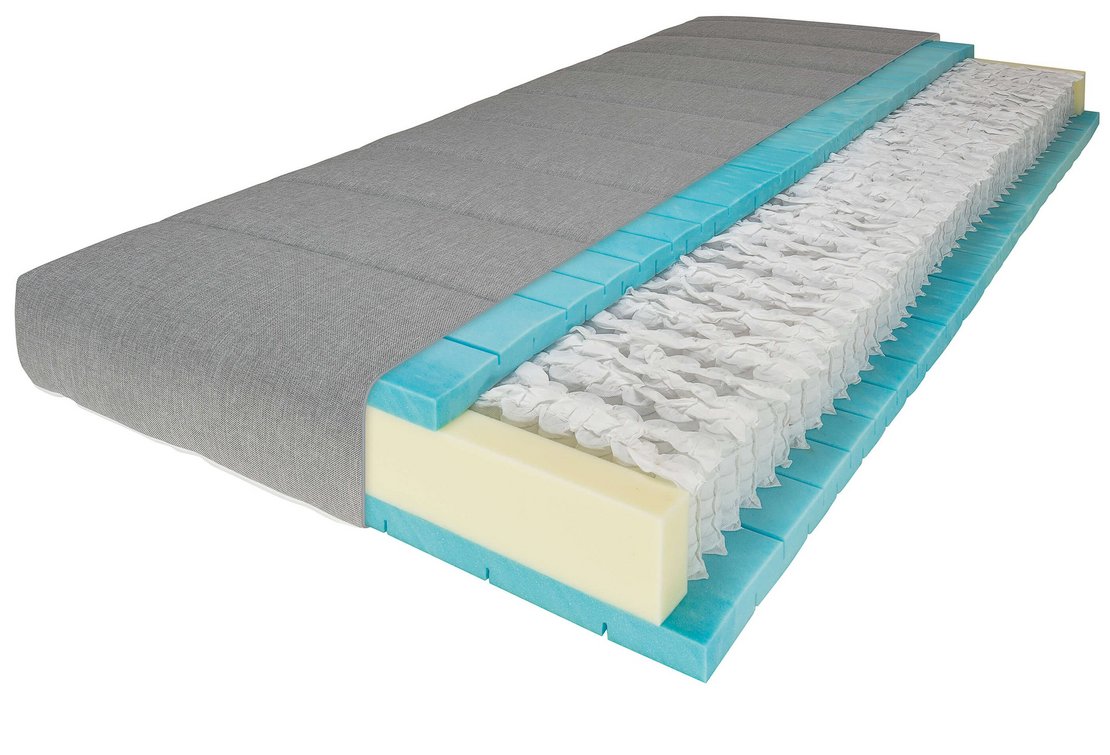 Schnittmodell der JOKA 577 Taschenfederkern-Matratze mit einem grauen Bezug, blauen Schaumstoffschichten mit horizontalen Einschnitten, gelblichen Schaumstoff-Randverstärkungen und einem innenliegenden Taschenfederkern auf weißem Hintergrund.