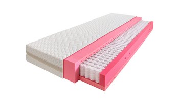 Schnittmodell-Ansicht der JOKA AirDream 200 Taschenfederkern-Matratze mit freigelegten Tonnentaschenfedern, rosafarbenem Schaumstoffmantel und weiß gestepptem Bezug auf weißem Hintergrund.