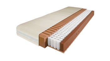 Schnittmodell der JOKA Somnia Taschenfederkernmatratze mit einem hellen Bezug, braunen Schaumstoffschichten mit horizontalen Einschnitten und einem innenliegenden Taschenfederkern auf weißem Hintergrund.