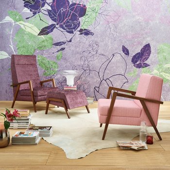 Joka Laguna zwei Fauteuils und ein Hocker in Rosa und Violett vor floral bedruckter Wand
